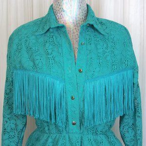 1980s Vintage Size Medium/Large Midi Western Collared Turquoise Lace Dress